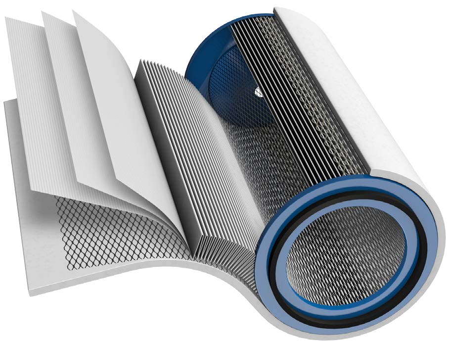 Donaldson gas turbine inlet air filter — cutaway showing pleat media, mesh support, and endcap construction